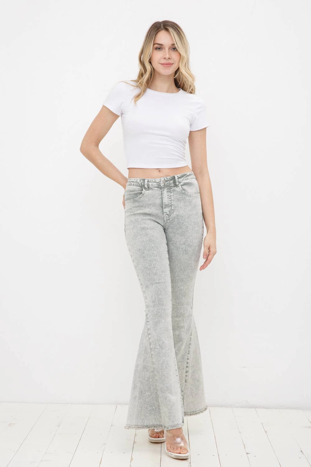 17347P - Garment Washed Vintage Distressed Bell Sleeve Denim: LIGHT OLIVE
