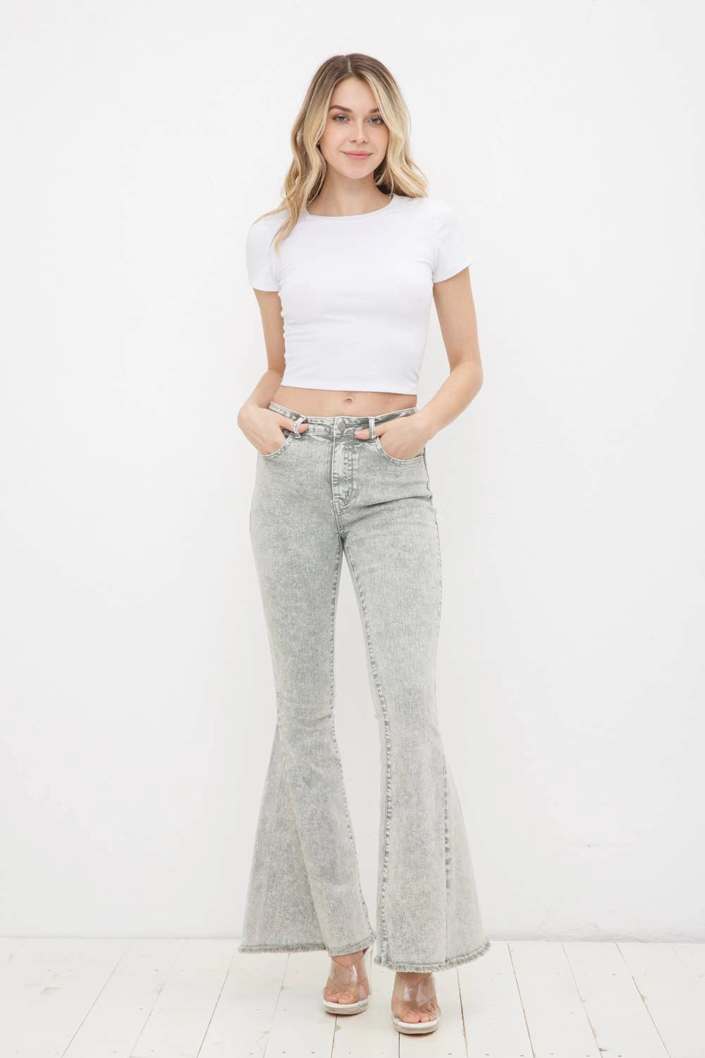 17347P - Garment Washed Vintage Distressed Bell Sleeve Denim: LIGHT OLIVE