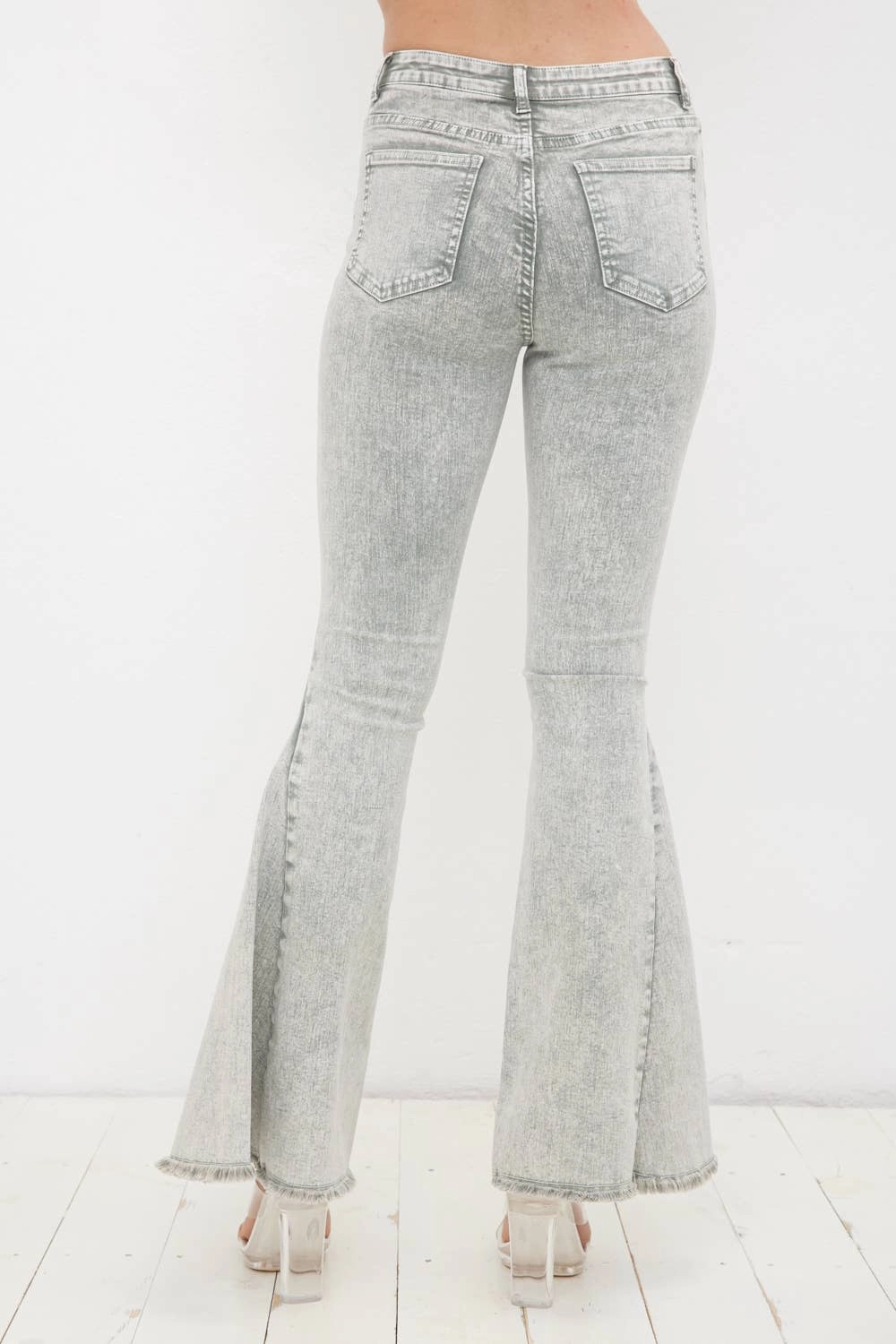 17347P - Garment Washed Vintage Distressed Bell Sleeve Denim: LIGHT OLIVE