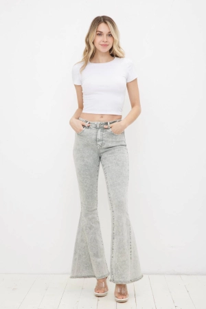 17347P - Garment Washed Vintage Distressed Bell Sleeve Denim: LIGHT OLIVE