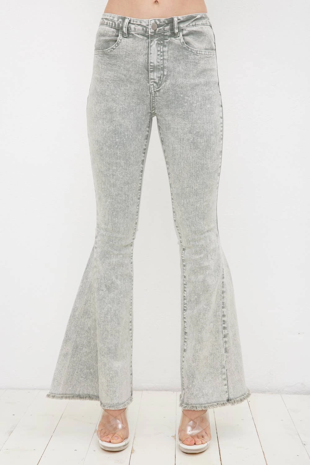 17347P - Garment Washed Vintage Distressed Bell Sleeve Denim: LIGHT OLIVE