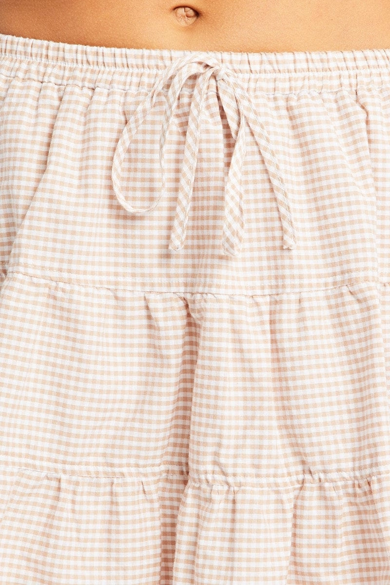 Beige Check Skater Skirt High Rise Tiered Mini Lined