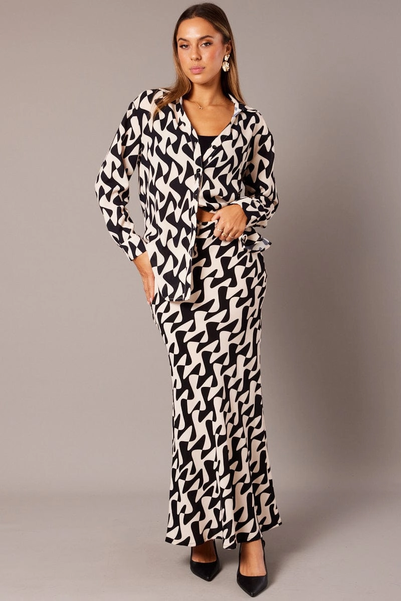 Black Geo Slip Skirt Maxi Drawstring Waist