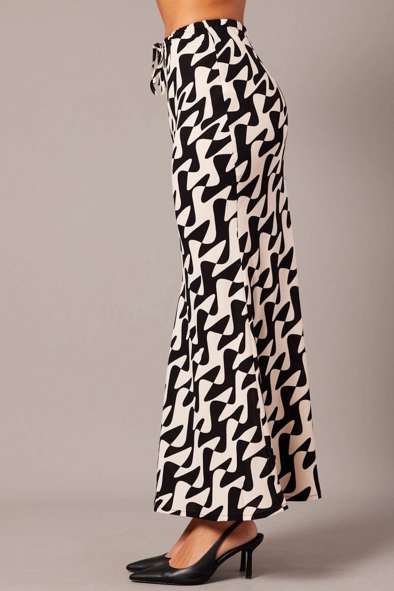Black Geo Slip Skirt Maxi Drawstring Waist