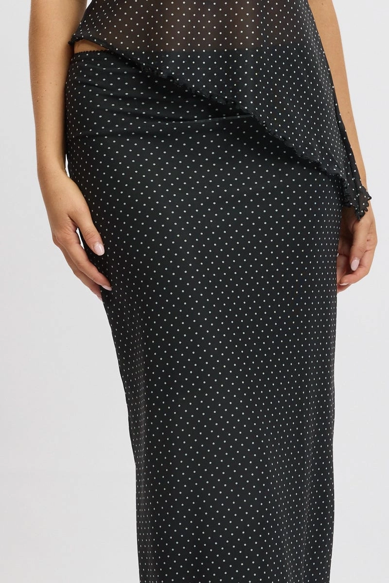 Black Polka Dot Mesh Skirt Elasticated Picot Trim Midaxi