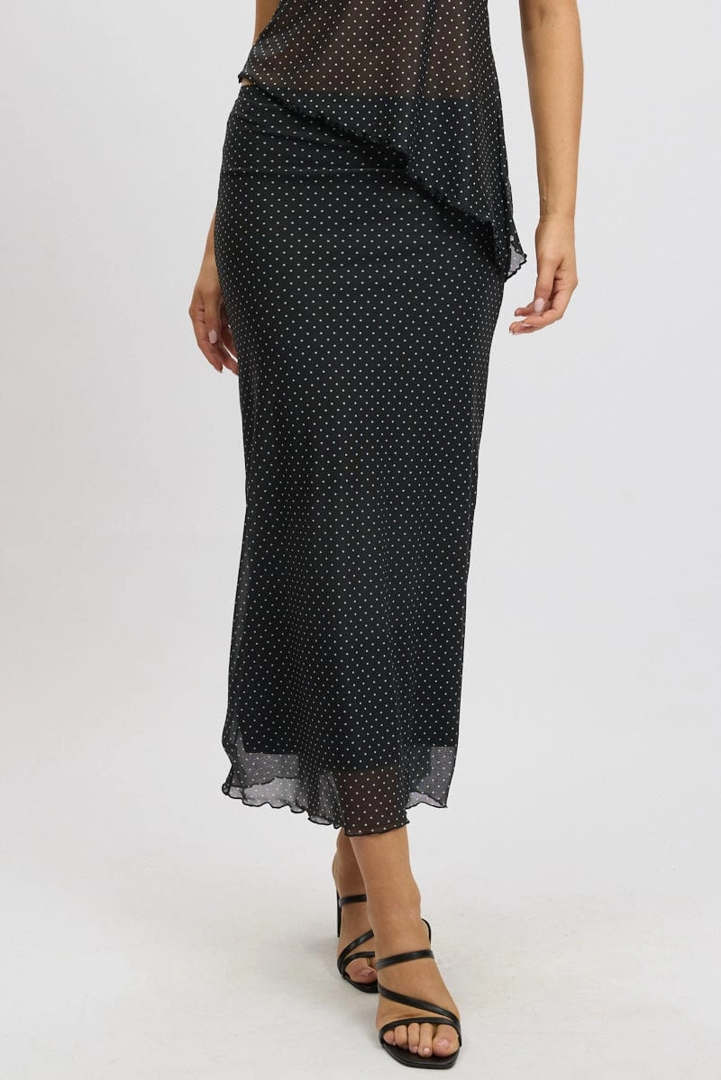 Black Polka Dot Mesh Skirt Elasticated Picot Trim Midaxi