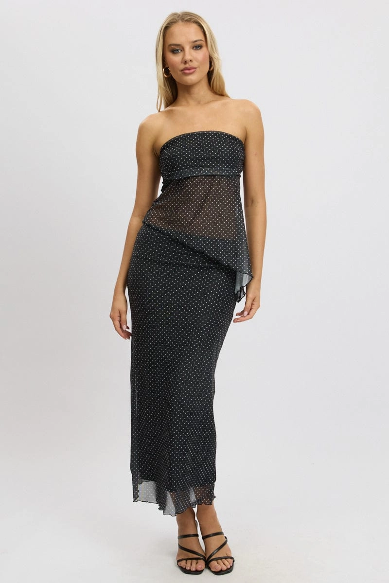 Black Polka Dot Mesh Skirt Elasticated Picot Trim Midaxi