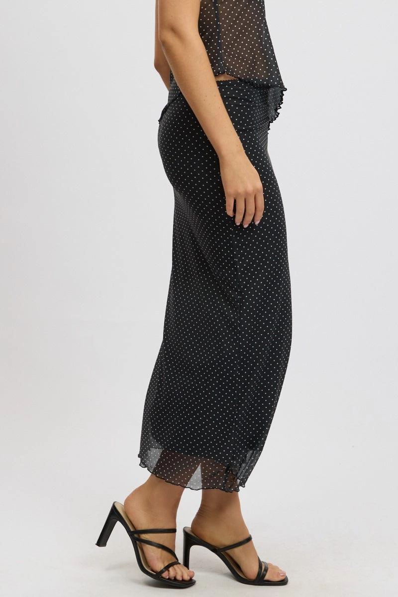 Black Polka Dot Mesh Skirt Elasticated Picot Trim Midaxi
