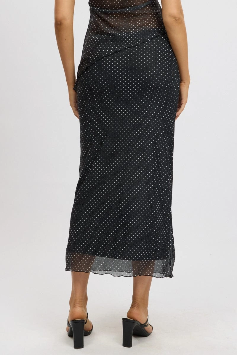 Black Polka Dot Mesh Skirt Elasticated Picot Trim Midaxi