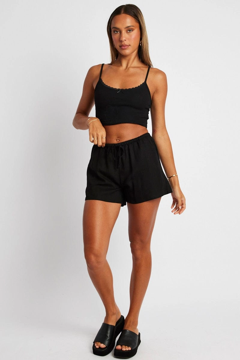 Black Shorts High Rise Elasticated Waist Linen Blend