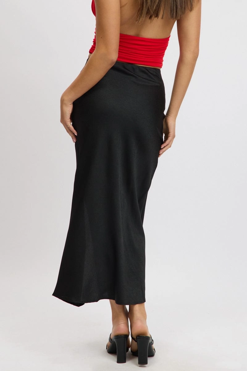 Black Slip Skirt High Waist Front Split Midaxi Satin