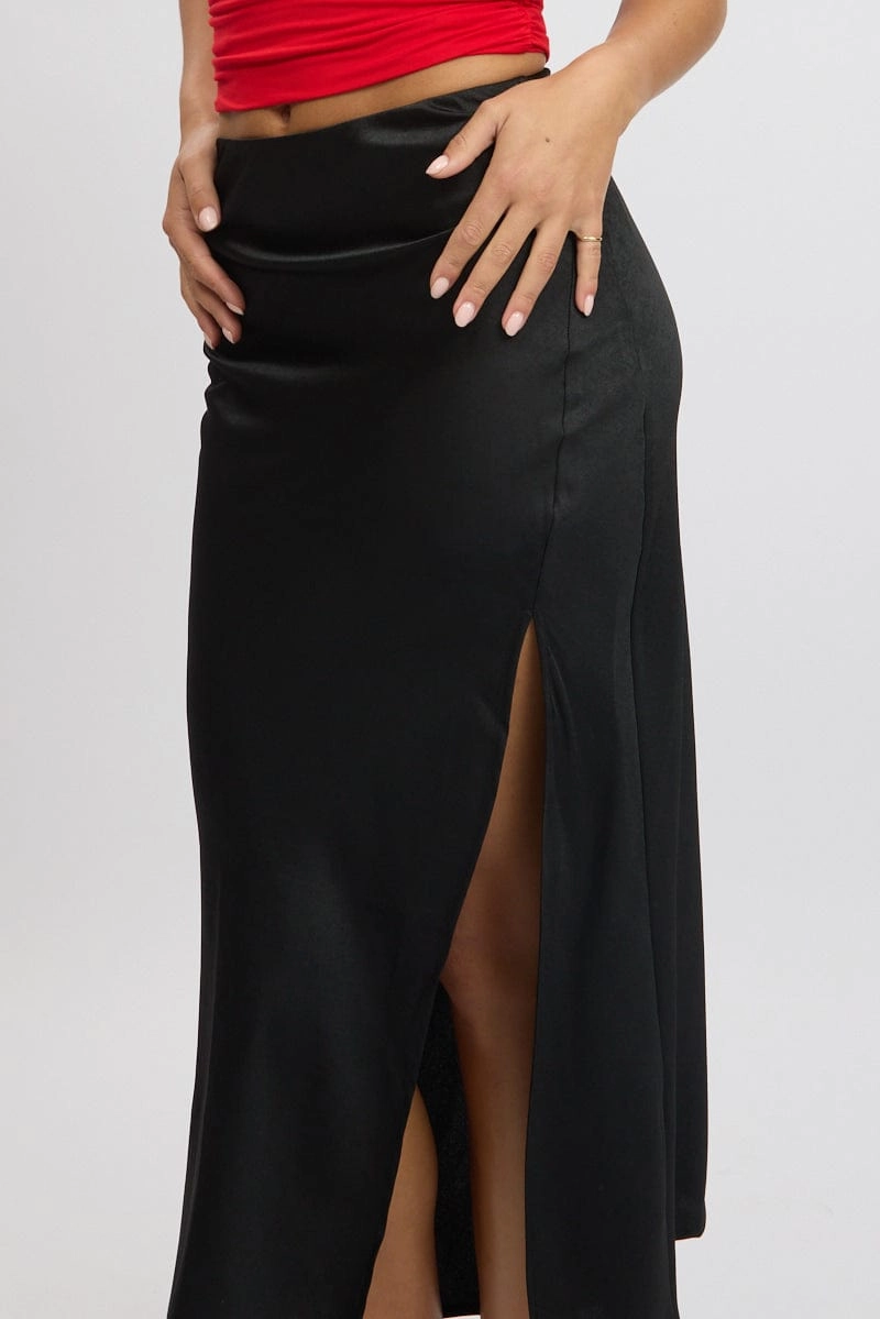 Black Slip Skirt High Waist Front Split Midaxi Satin