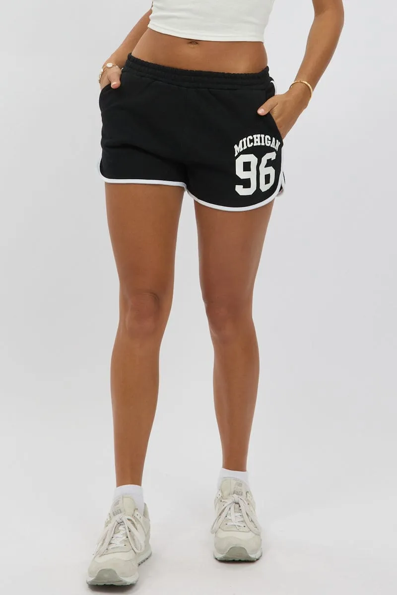 Black Track Shorts High Rise Elastic Waist