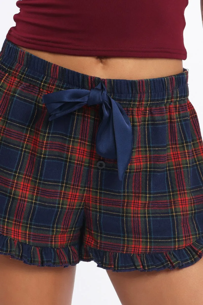 Blue Check Shorts Satin Ribbon