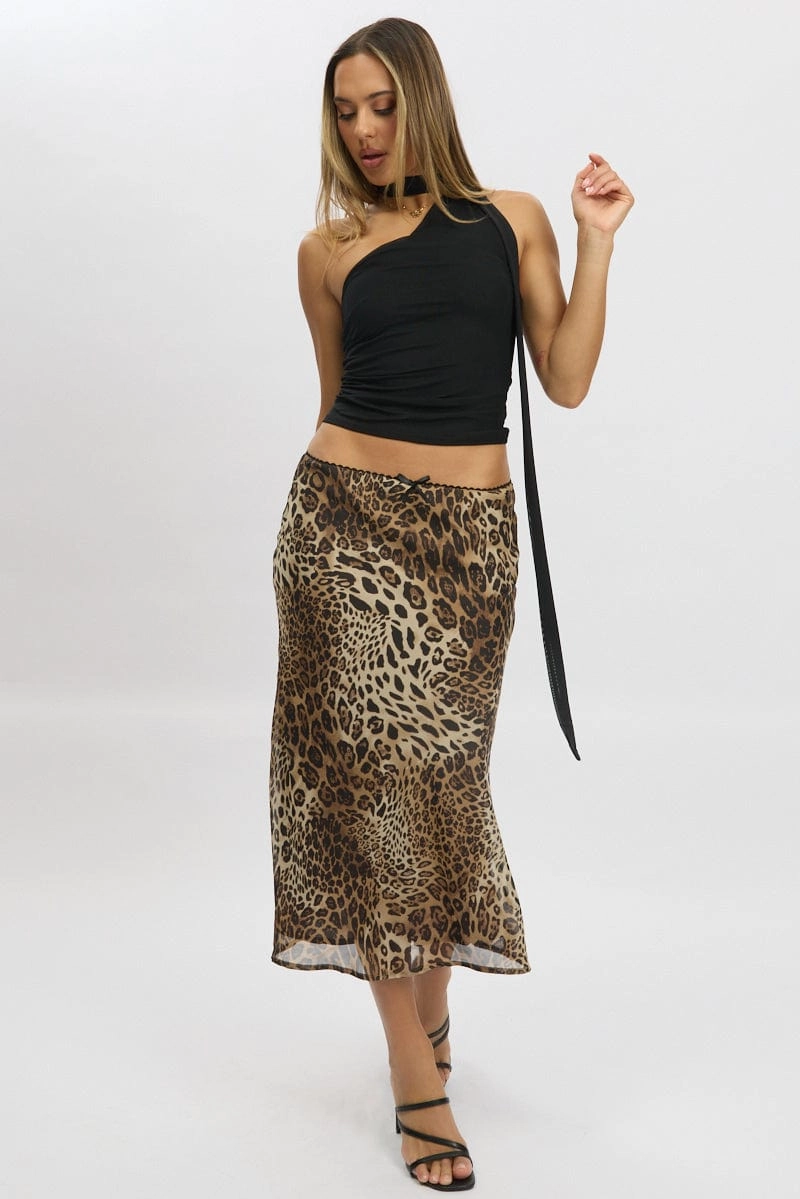 Brown Animal Print Slip Skirt High Rise Midi Picot Trim
