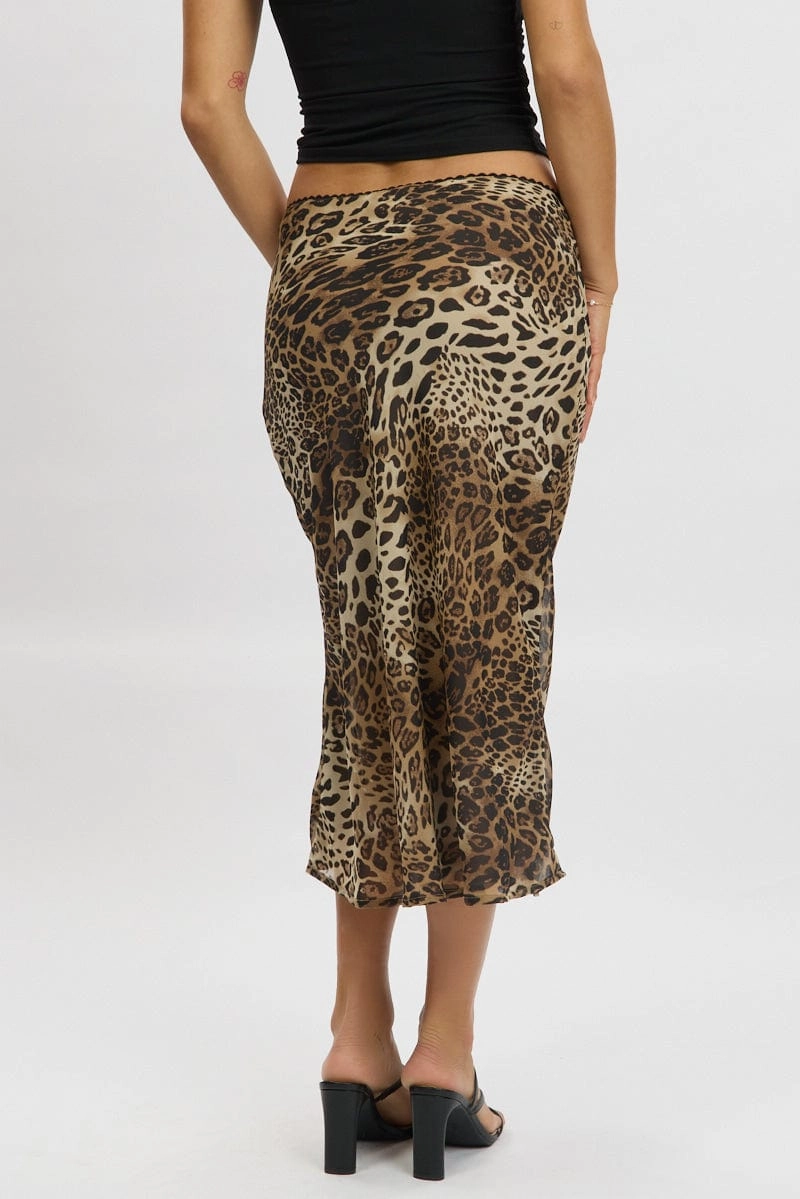 Brown Animal Print Slip Skirt High Rise Midi Picot Trim
