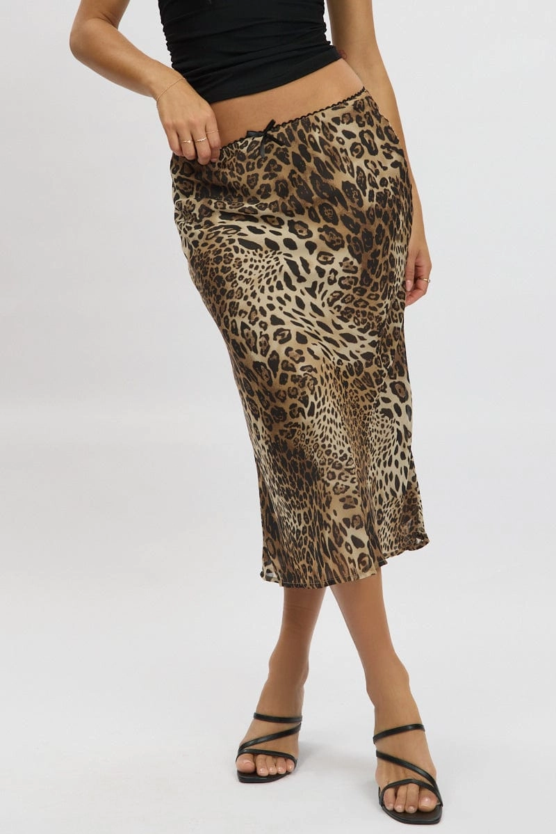 Brown Animal Print Slip Skirt High Rise Midi Picot Trim