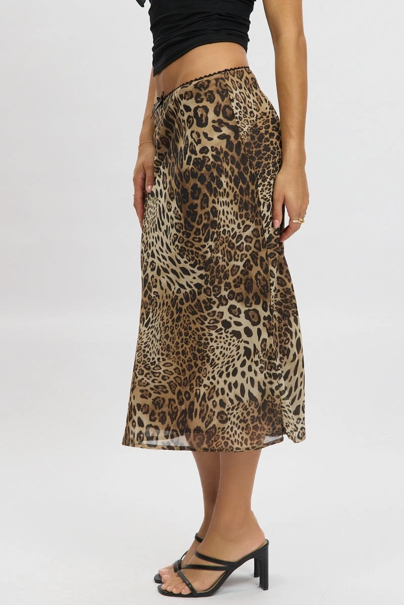 Brown Animal Print Slip Skirt High Rise Midi Picot Trim