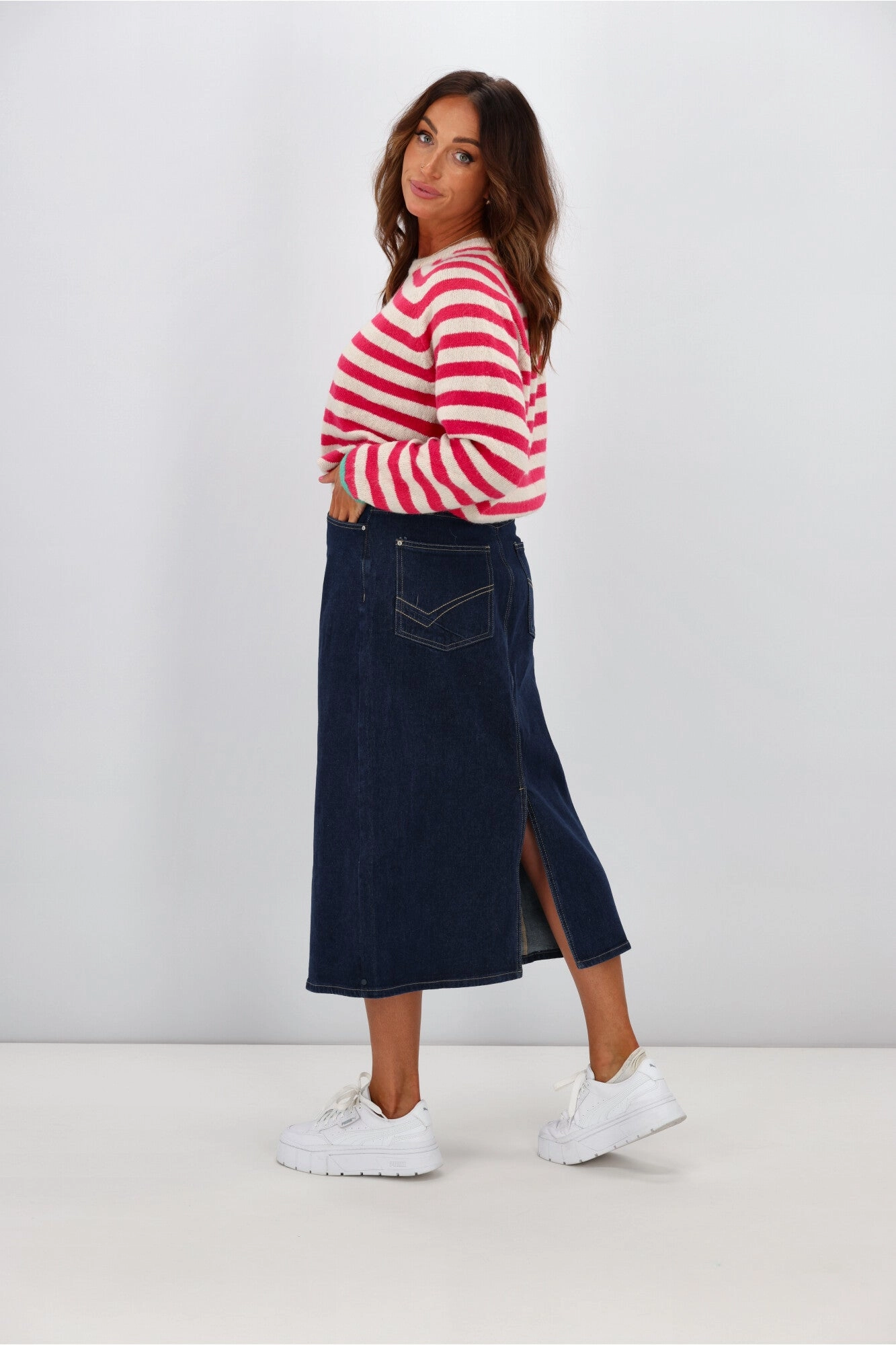 Elm Eloise Denim Midi Skirt Dark Blue