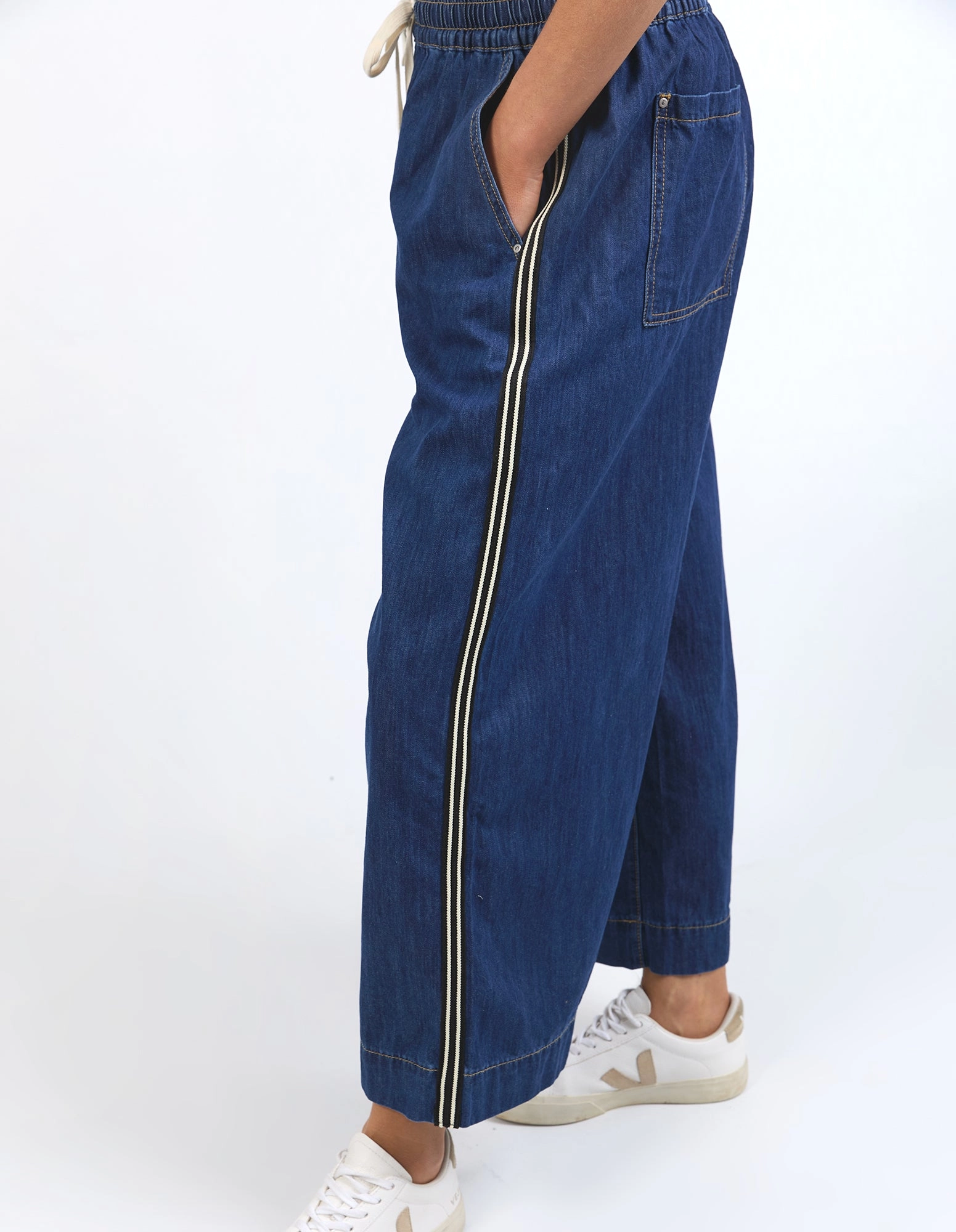 Elm Greta Wide Leg Pant with Side Tape Dark Blue Wash