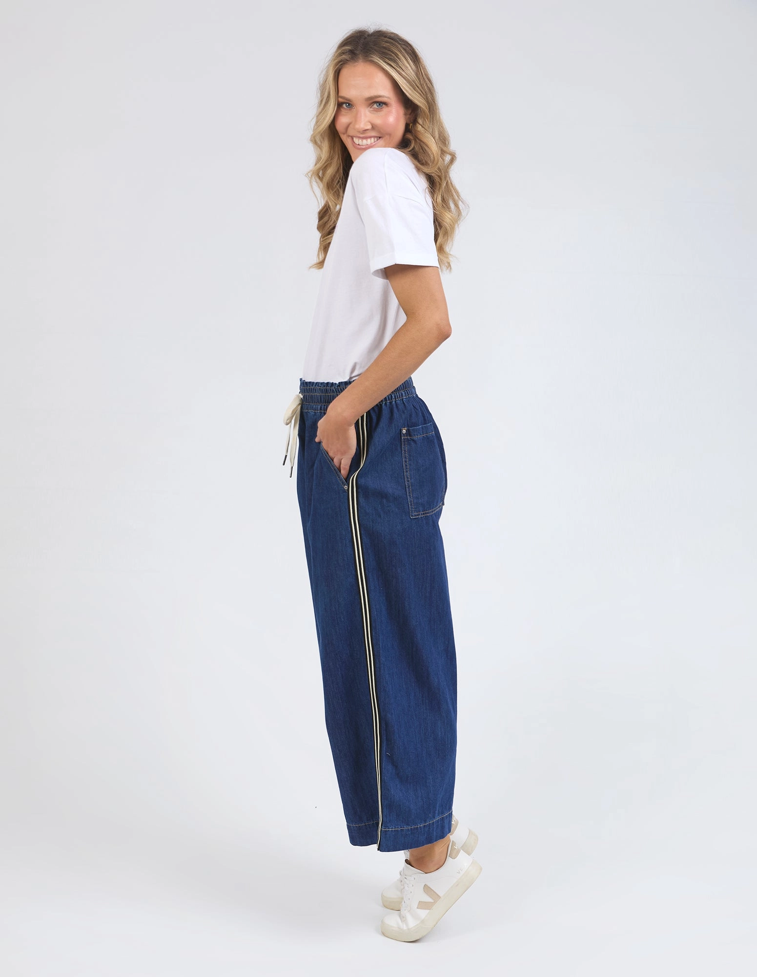 Elm Greta Wide Leg Pant with Side Tape Dark Blue Wash