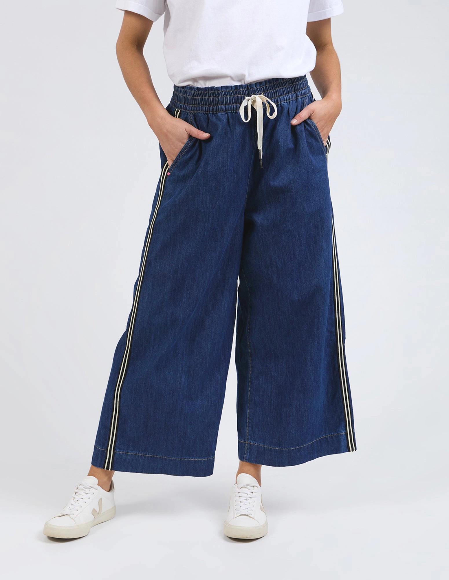 Elm Greta Wide Leg Pant with Side Tape Dark Blue Wash