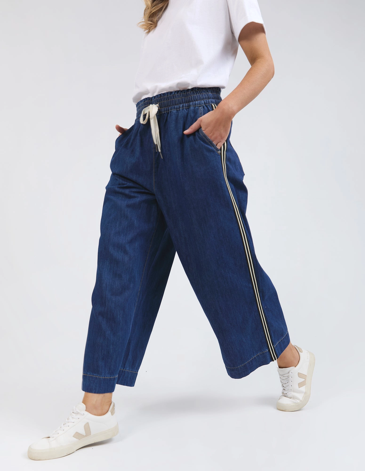 Elm Greta Wide Leg Pant with Side Tape Dark Blue Wash