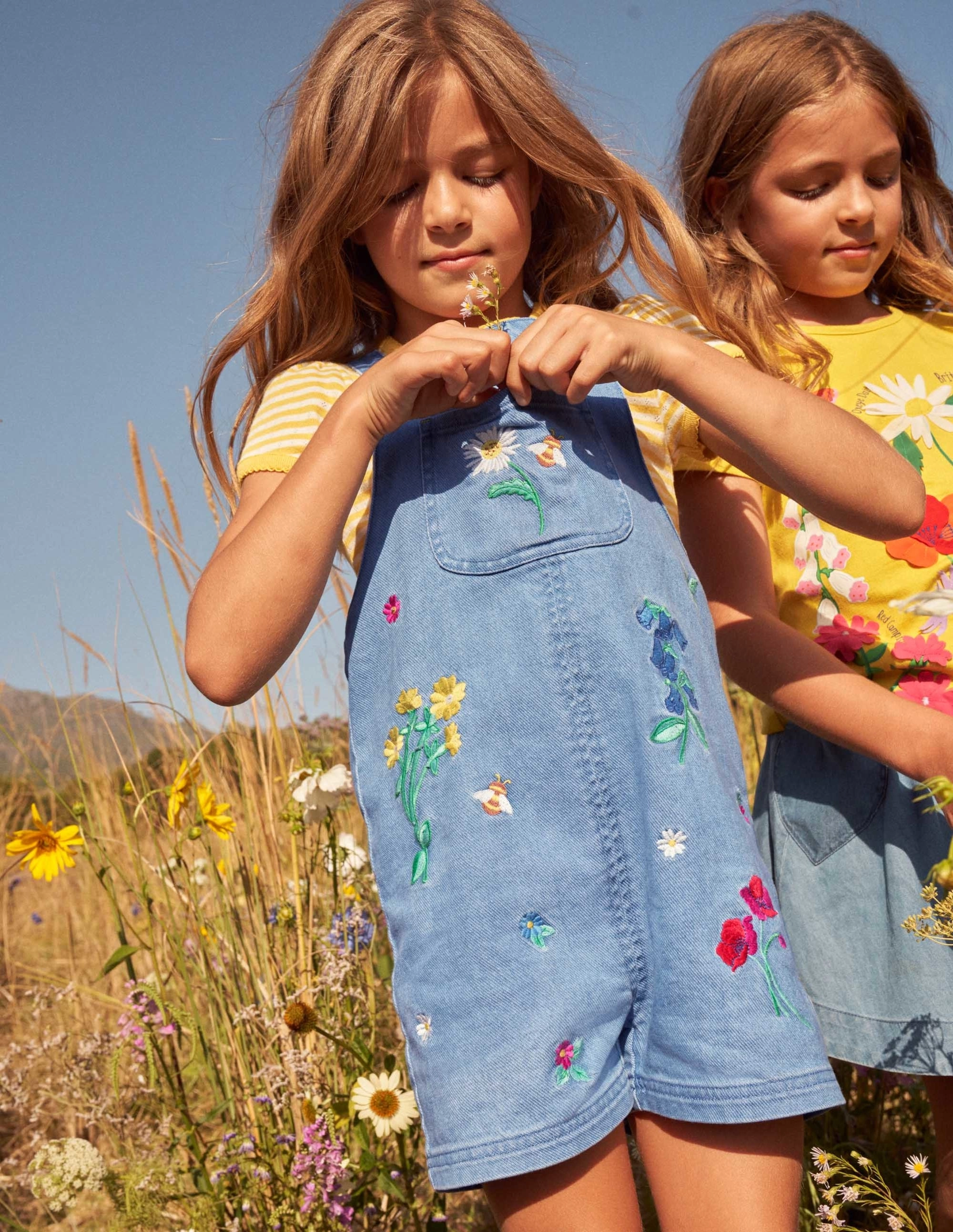 Embroidered Short Dungaree-Mid Vintage Denim Floral