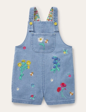 Embroidered Short Dungaree-Mid Vintage Denim Floral