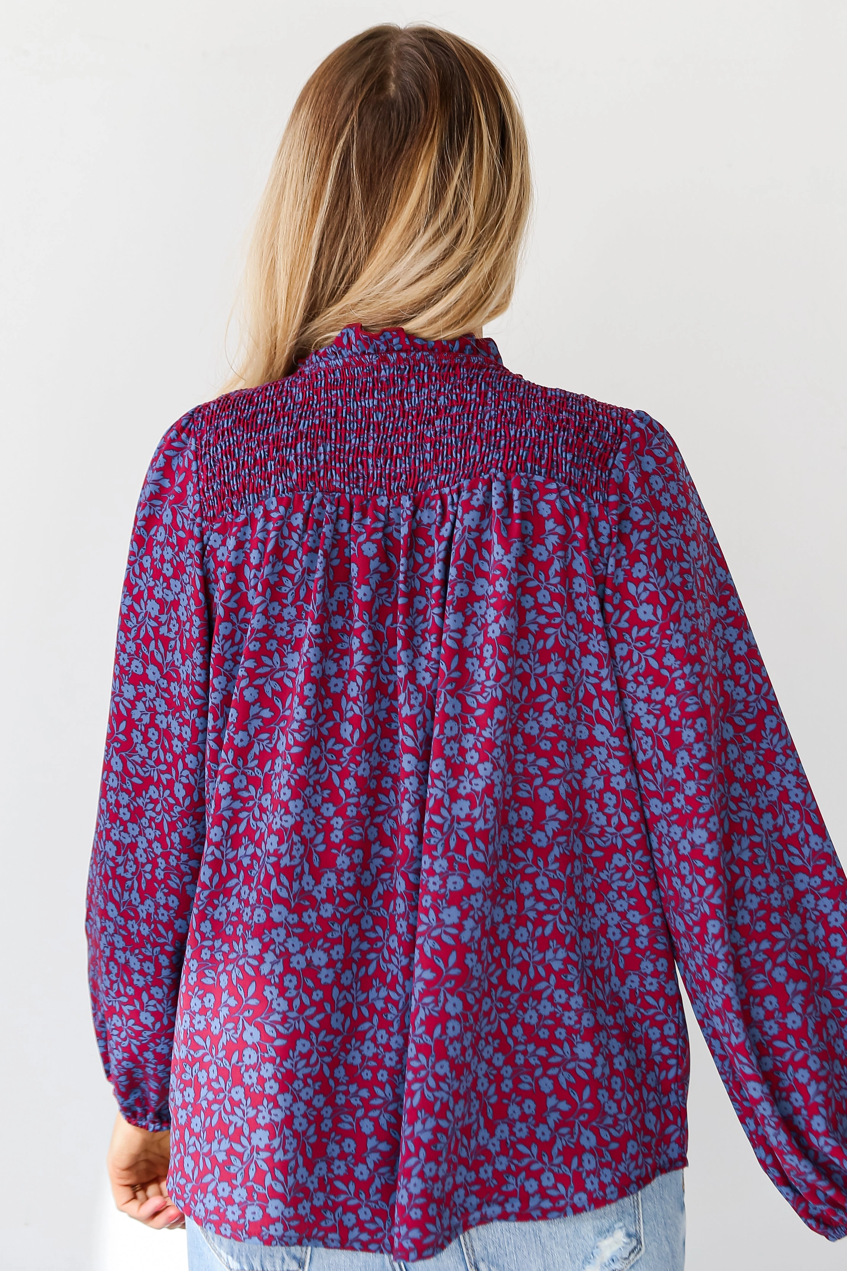 FINAL SALE - Radiantly Cute Burgundy Smocked Floral Blouse