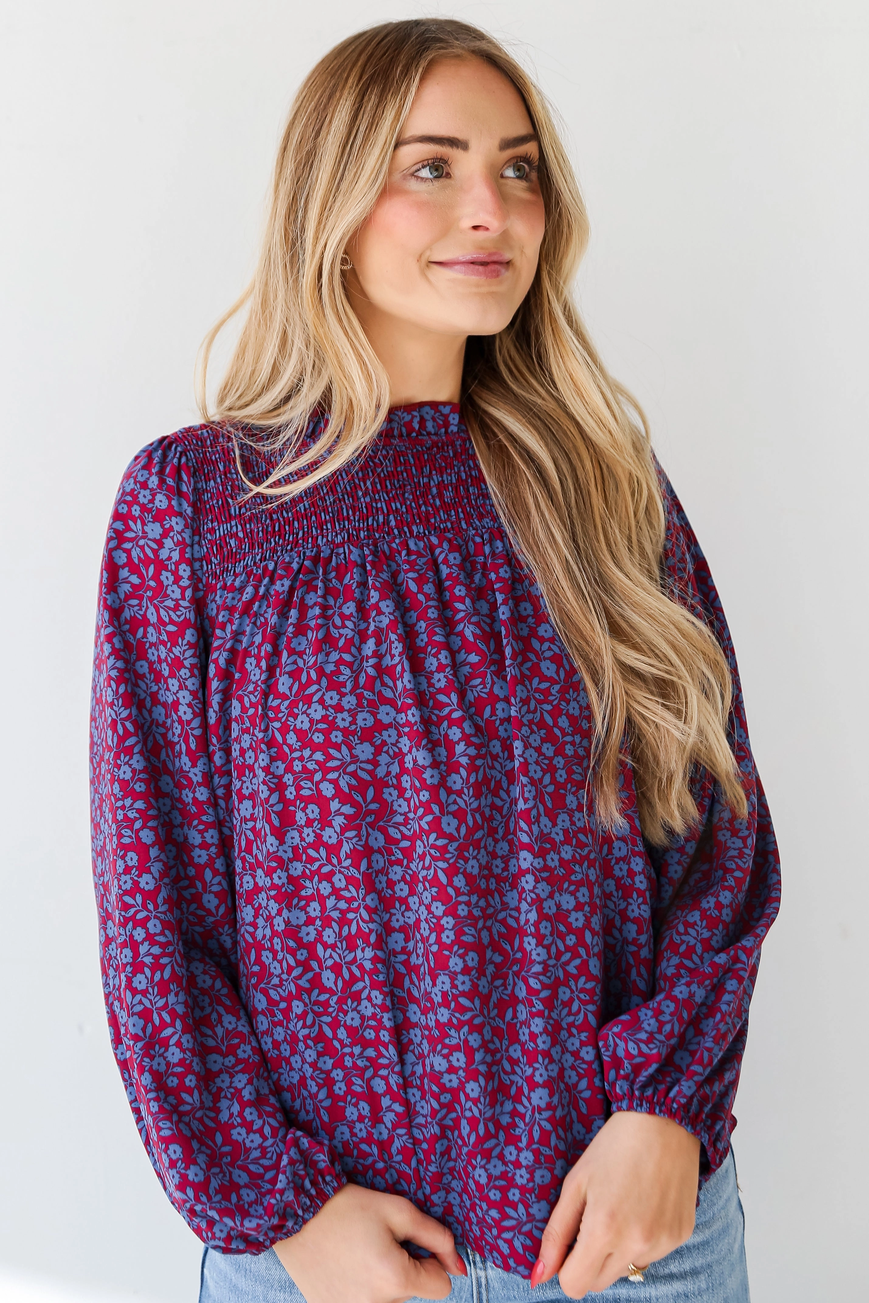 FINAL SALE - Radiantly Cute Burgundy Smocked Floral Blouse