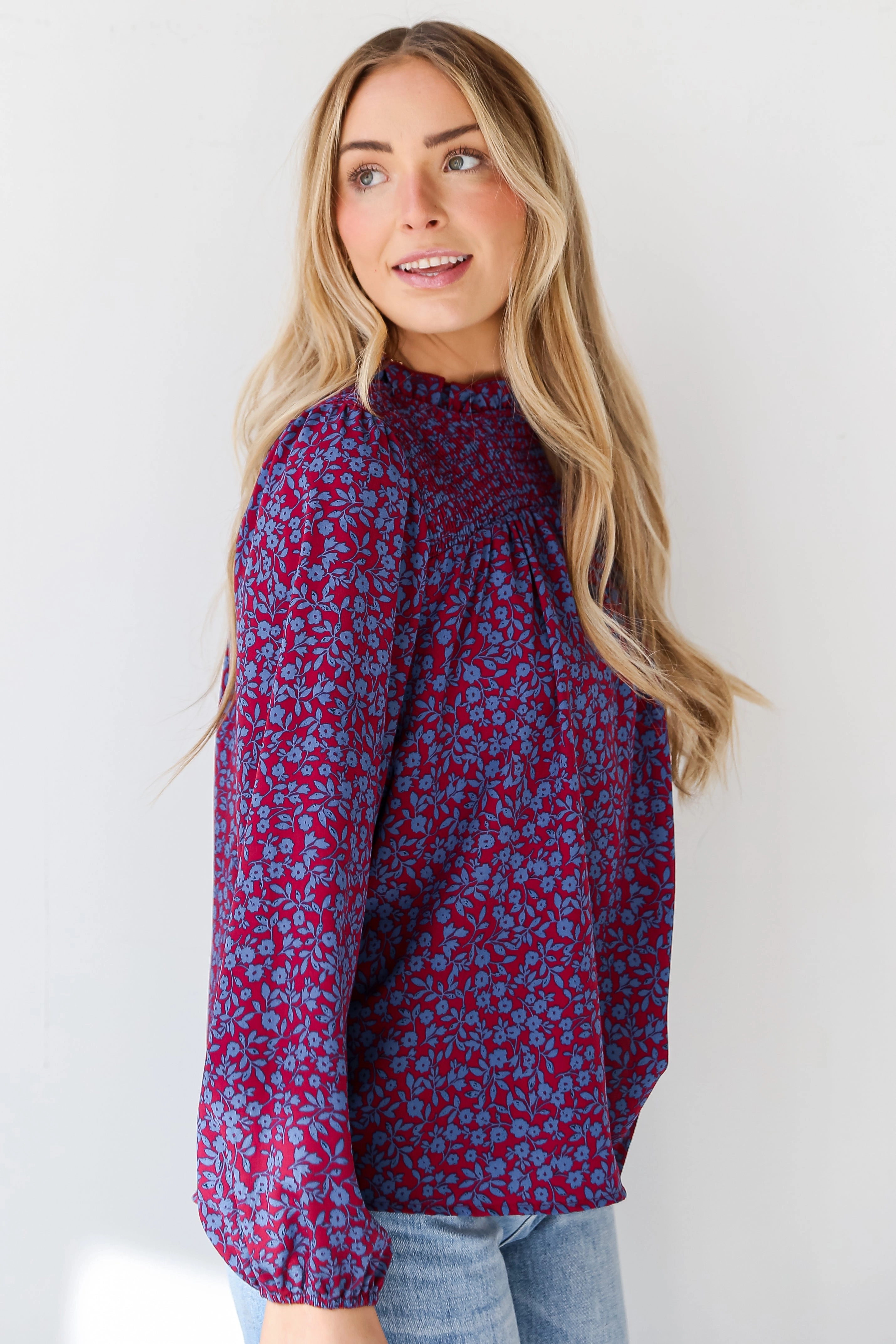 FINAL SALE - Radiantly Cute Burgundy Smocked Floral Blouse