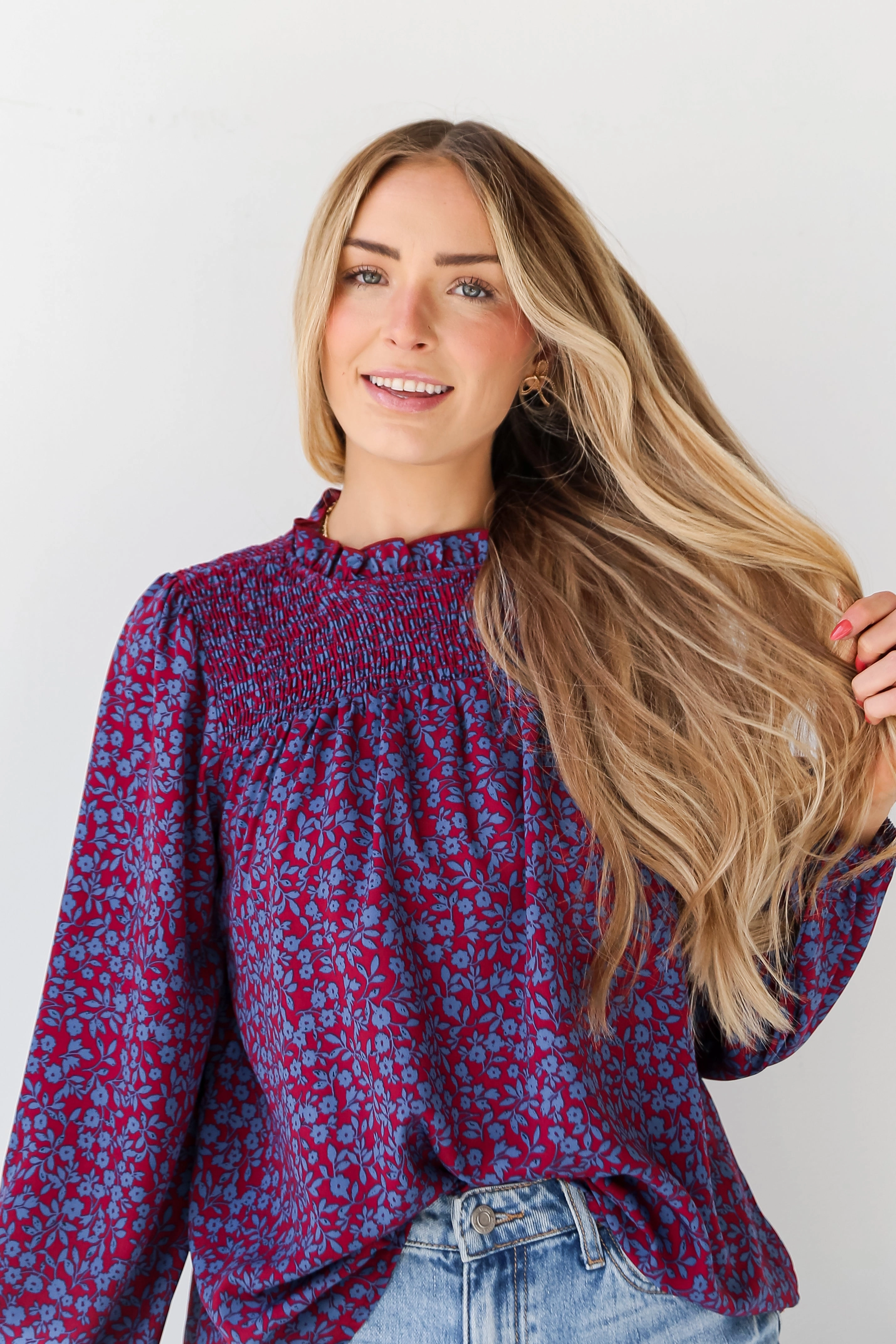 FINAL SALE - Radiantly Cute Burgundy Smocked Floral Blouse