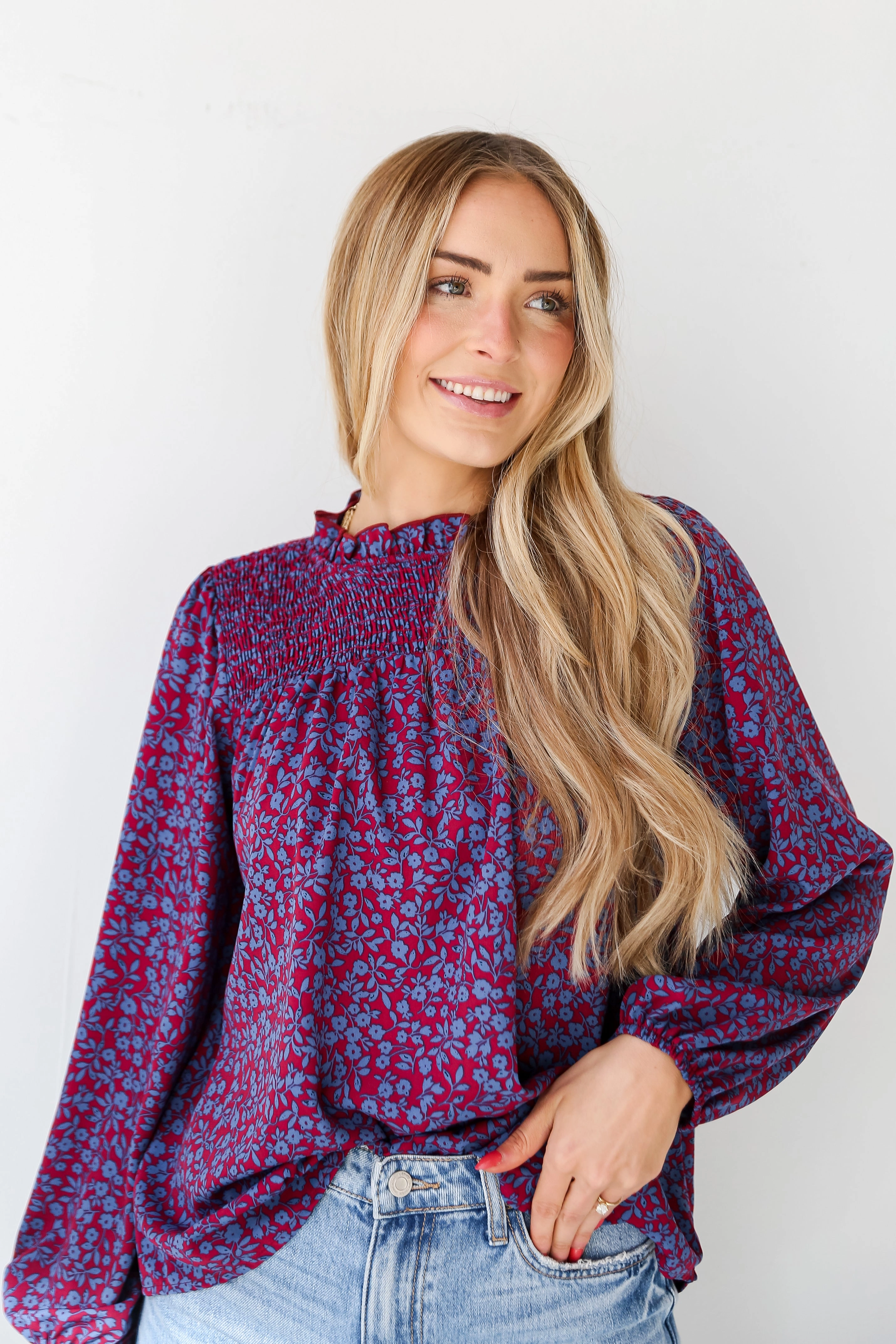 FINAL SALE - Radiantly Cute Burgundy Smocked Floral Blouse