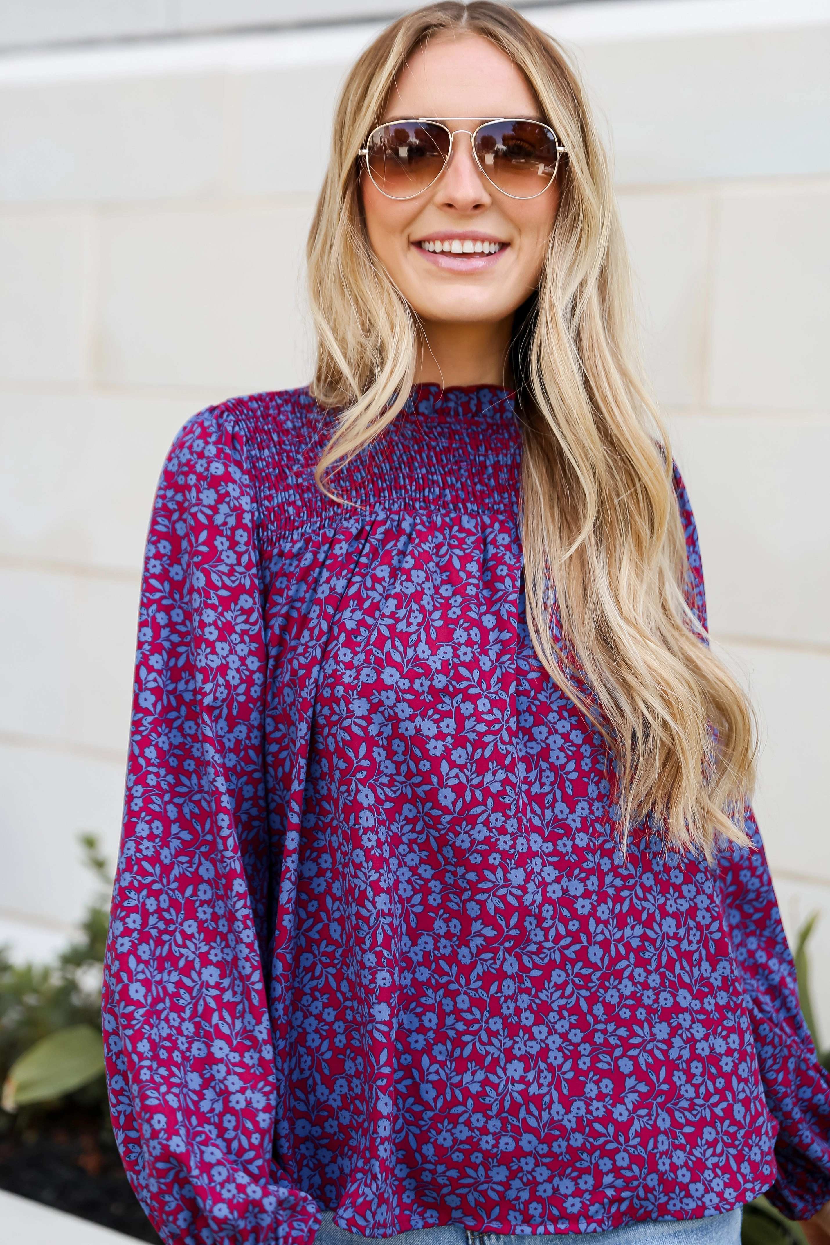 FINAL SALE - Radiantly Cute Burgundy Smocked Floral Blouse