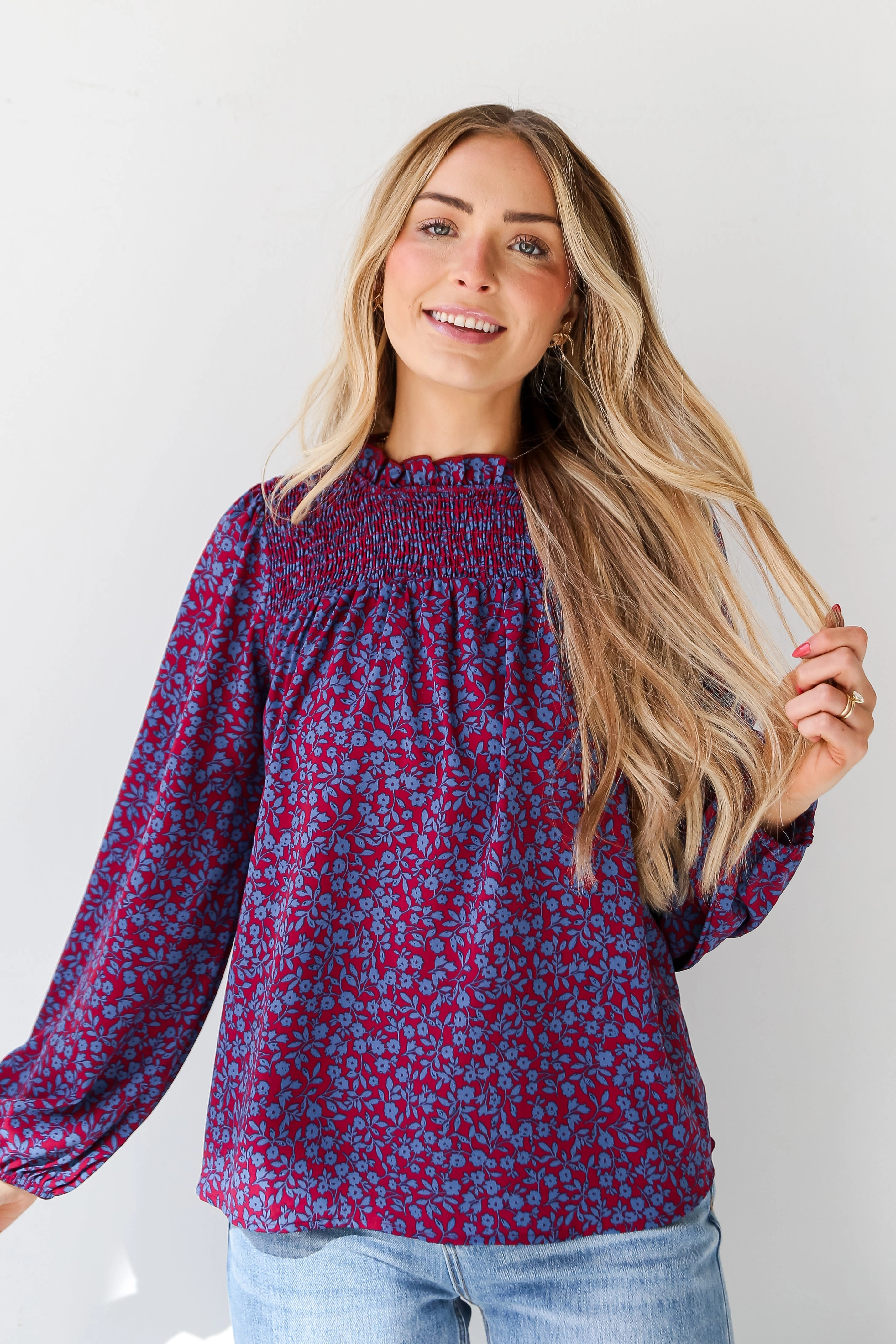 FINAL SALE - Radiantly Cute Burgundy Smocked Floral Blouse