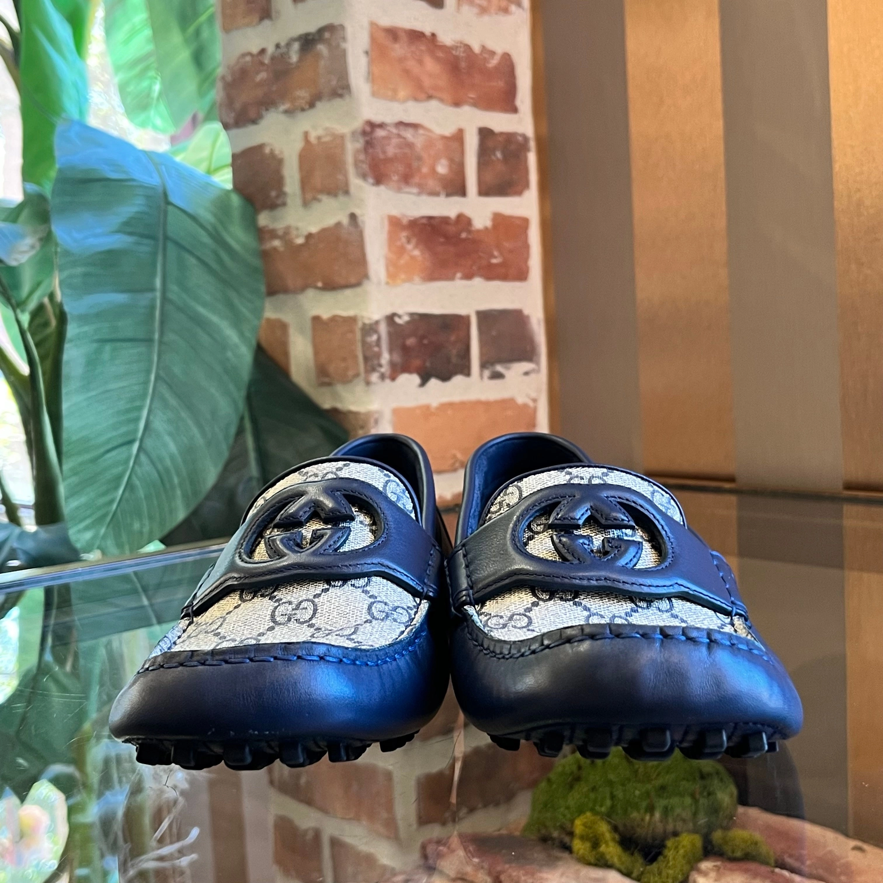 GUCCI Navy Blue Interlocking G Leather GG Monogram Canvas Driver MENS Loafers SZ9(9.5US)