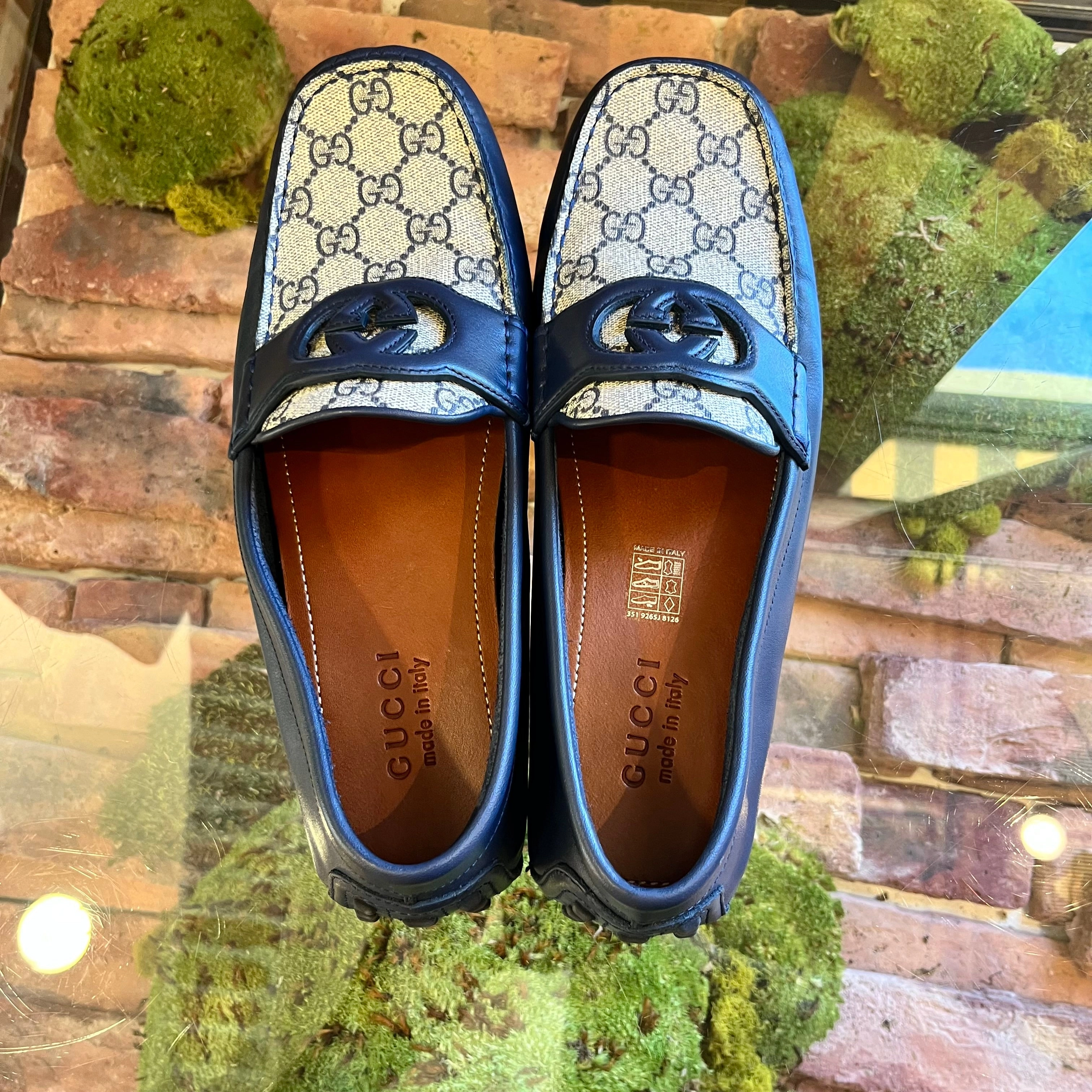 GUCCI Navy Blue Interlocking G Leather GG Monogram Canvas Driver MENS Loafers SZ9(9.5US)