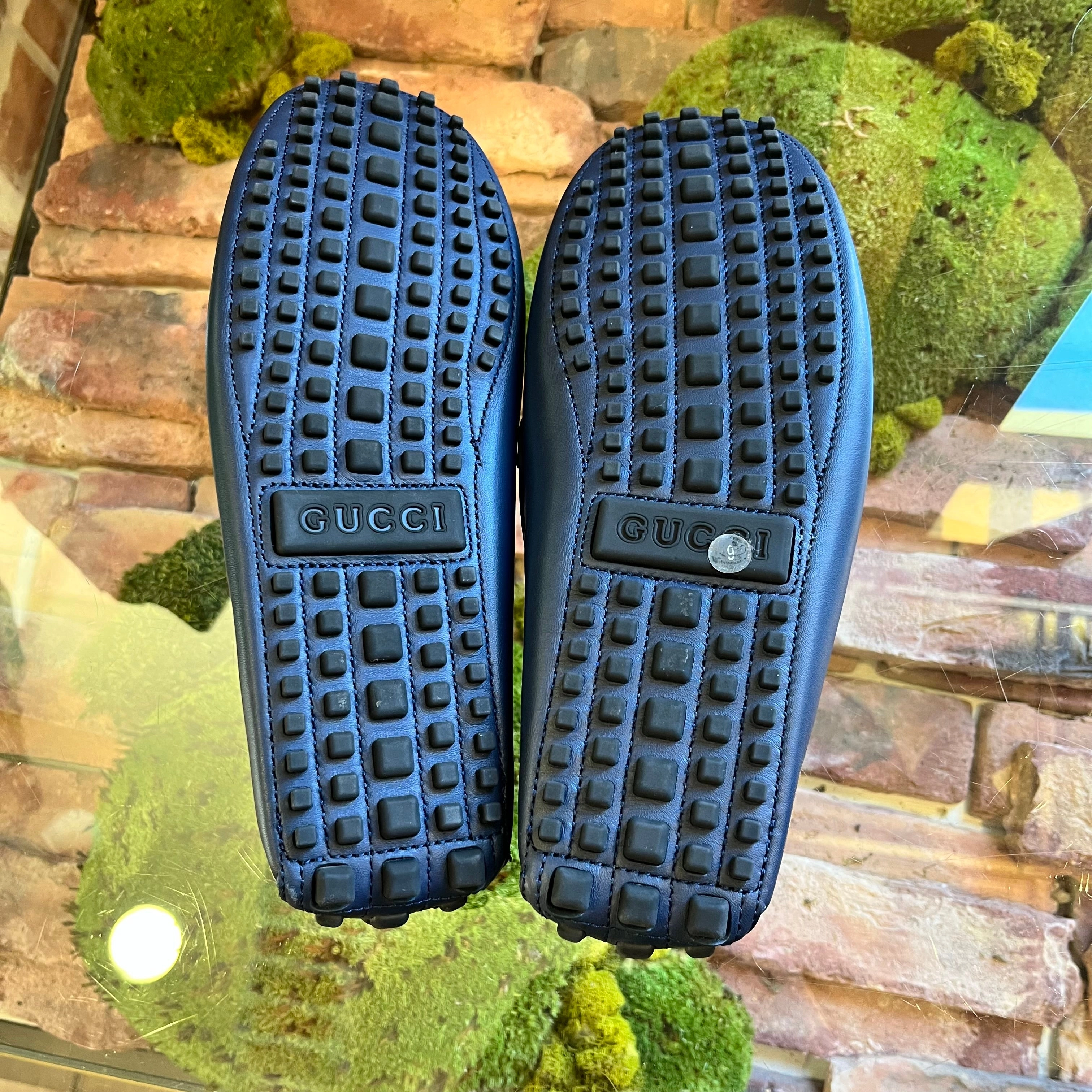 GUCCI Navy Blue Interlocking G Leather GG Monogram Canvas Driver MENS Loafers SZ9(9.5US)
