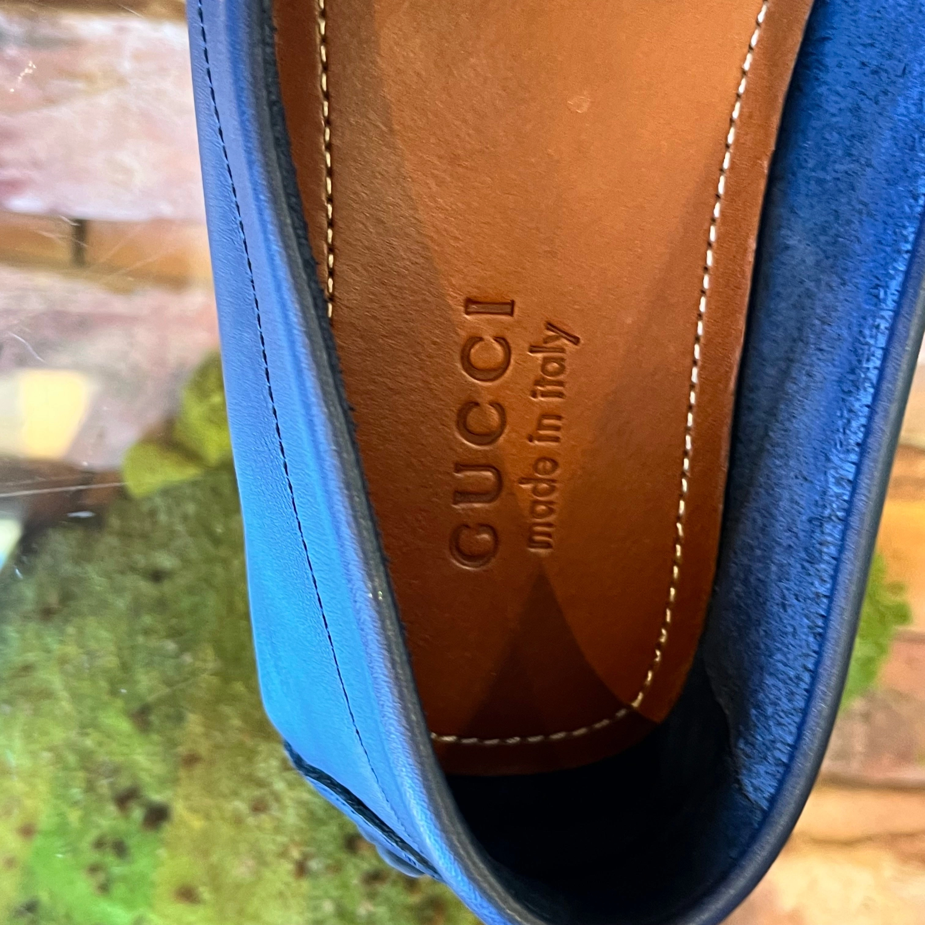 GUCCI Navy Blue Interlocking G Leather GG Monogram Canvas Driver MENS Loafers SZ9(9.5US)