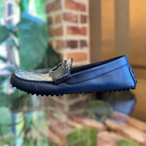 GUCCI Navy Blue Interlocking G Leather GG Monogram Canvas Driver MENS Loafers SZ9(9.5US)
