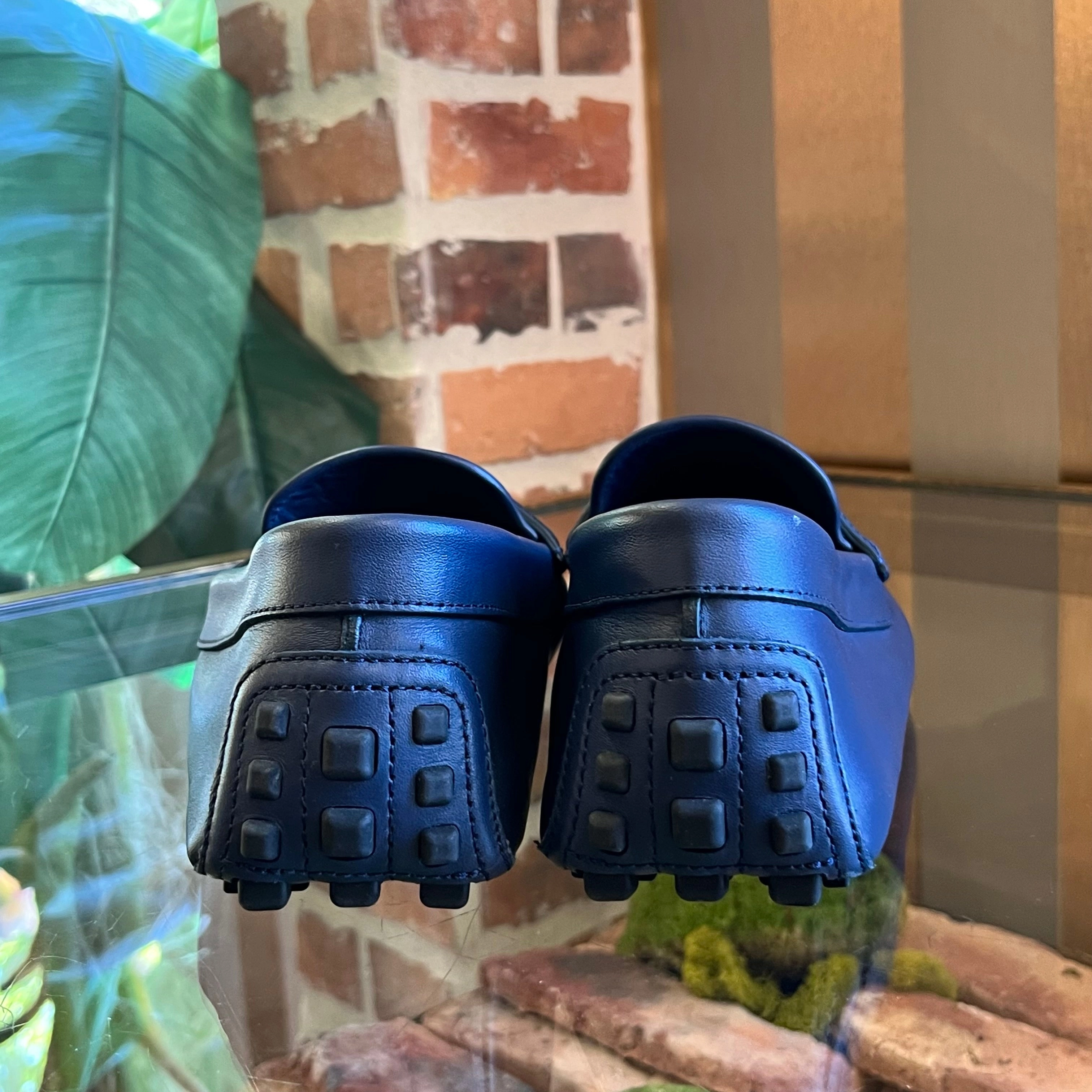 GUCCI Navy Blue Interlocking G Leather GG Monogram Canvas Driver MENS Loafers SZ9(9.5US)