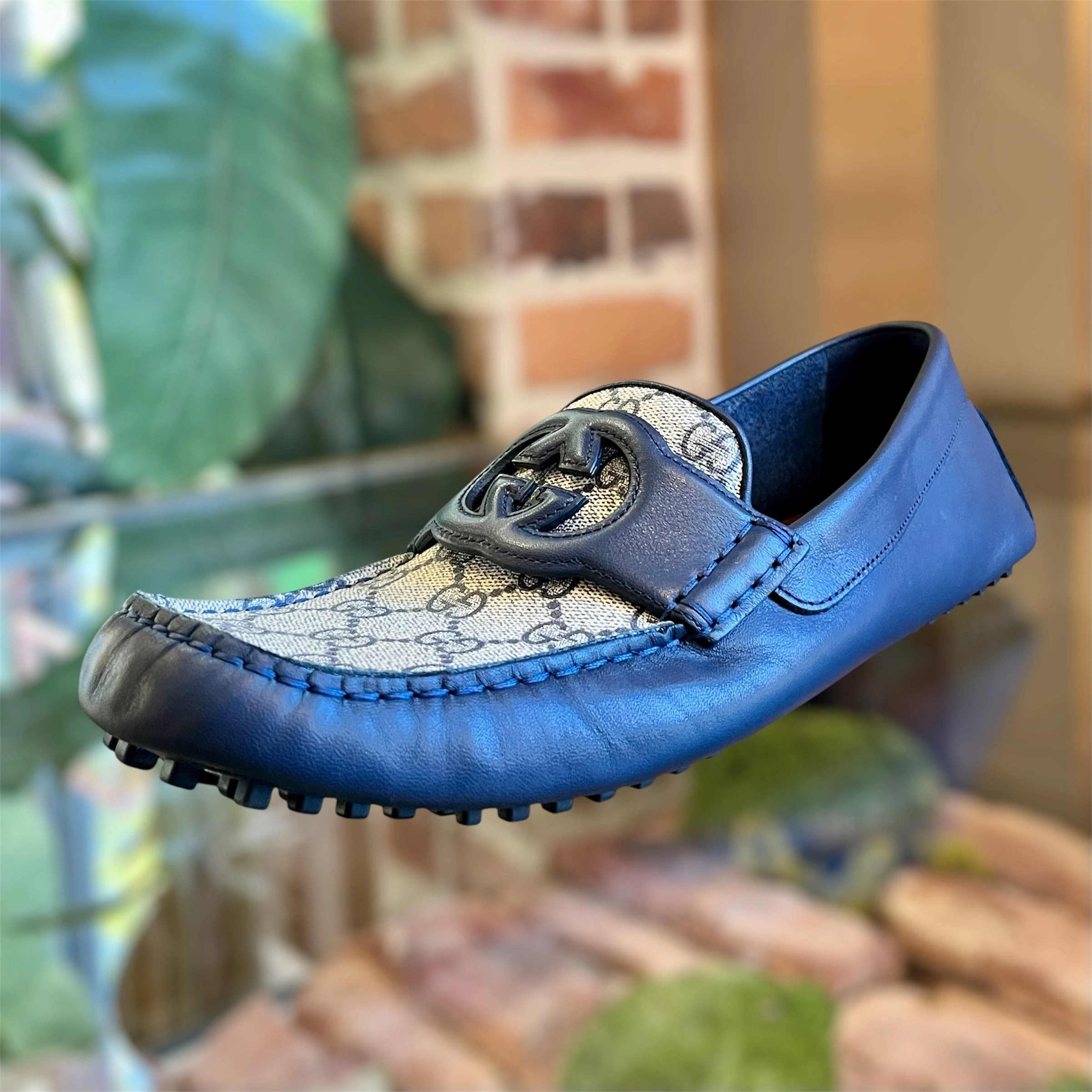 GUCCI Navy Blue Interlocking G Leather GG Monogram Canvas Driver MENS Loafers SZ9(9.5US)