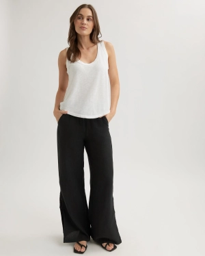 Linen Side Slit Wide Leg Pant - Black