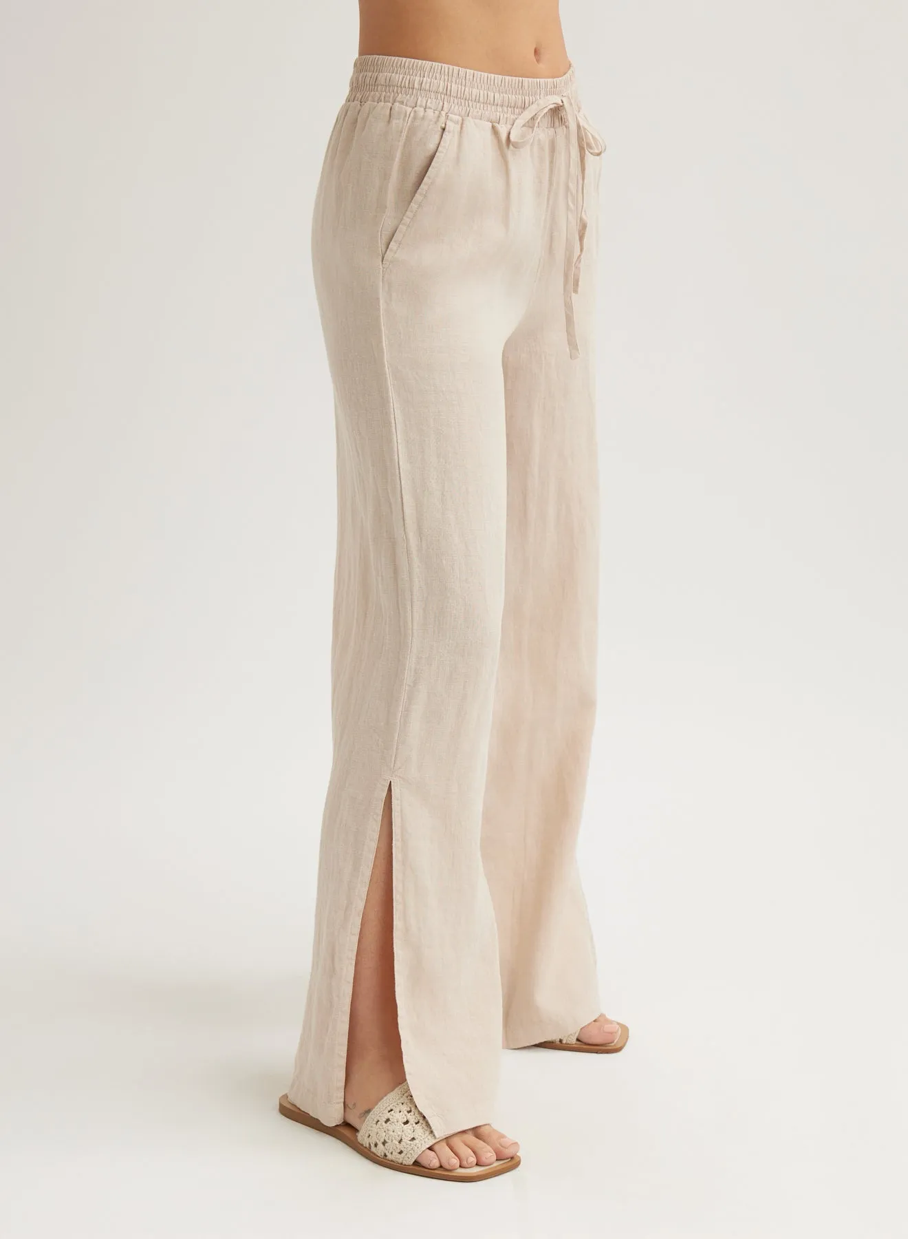 Linen Side Slit Wide Leg Pant - Linen Sand