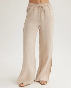 Linen Side Slit Wide Leg Pant - Linen Sand