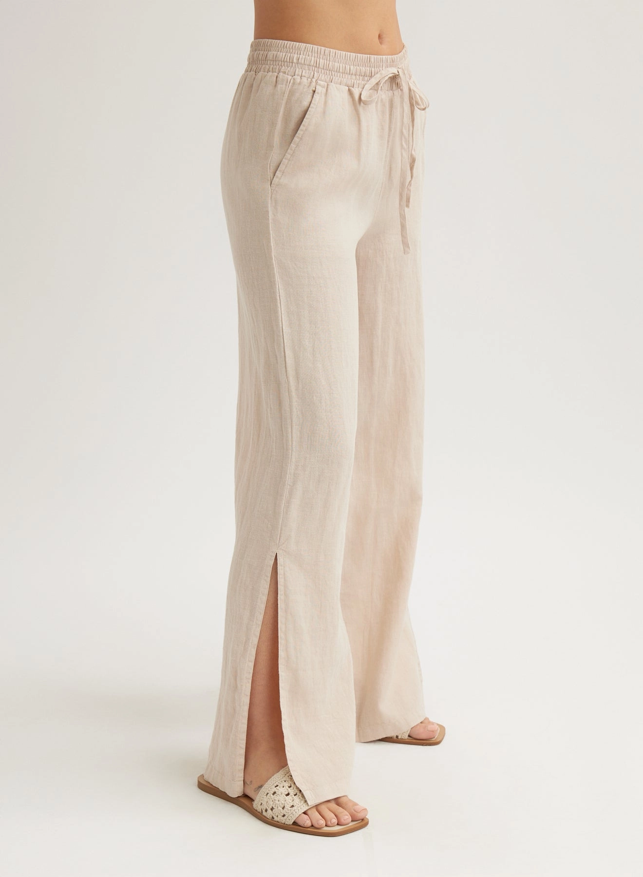 Linen Side Slit Wide Leg Pant - Linen Sand