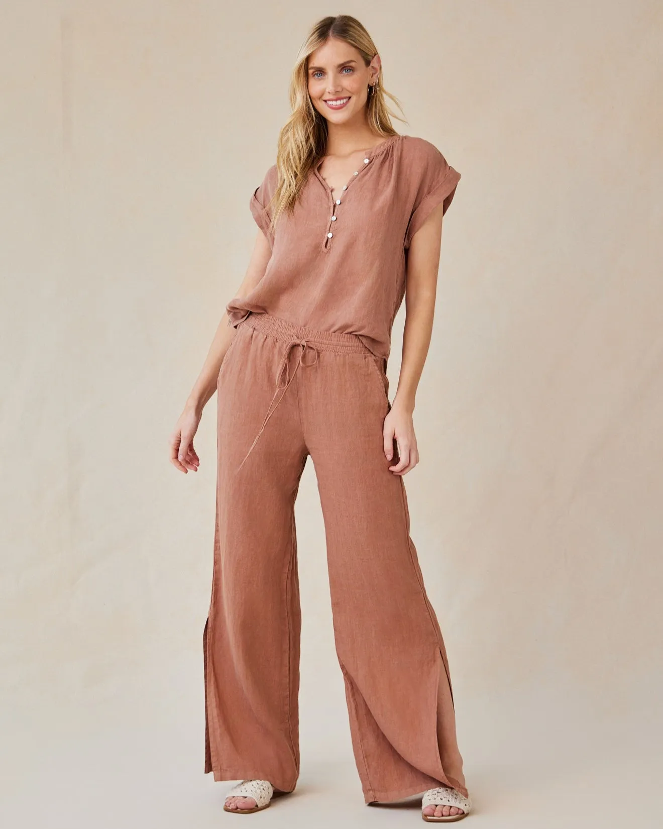 Linen Side Slit Wide Leg Pant - Terracotta Brown