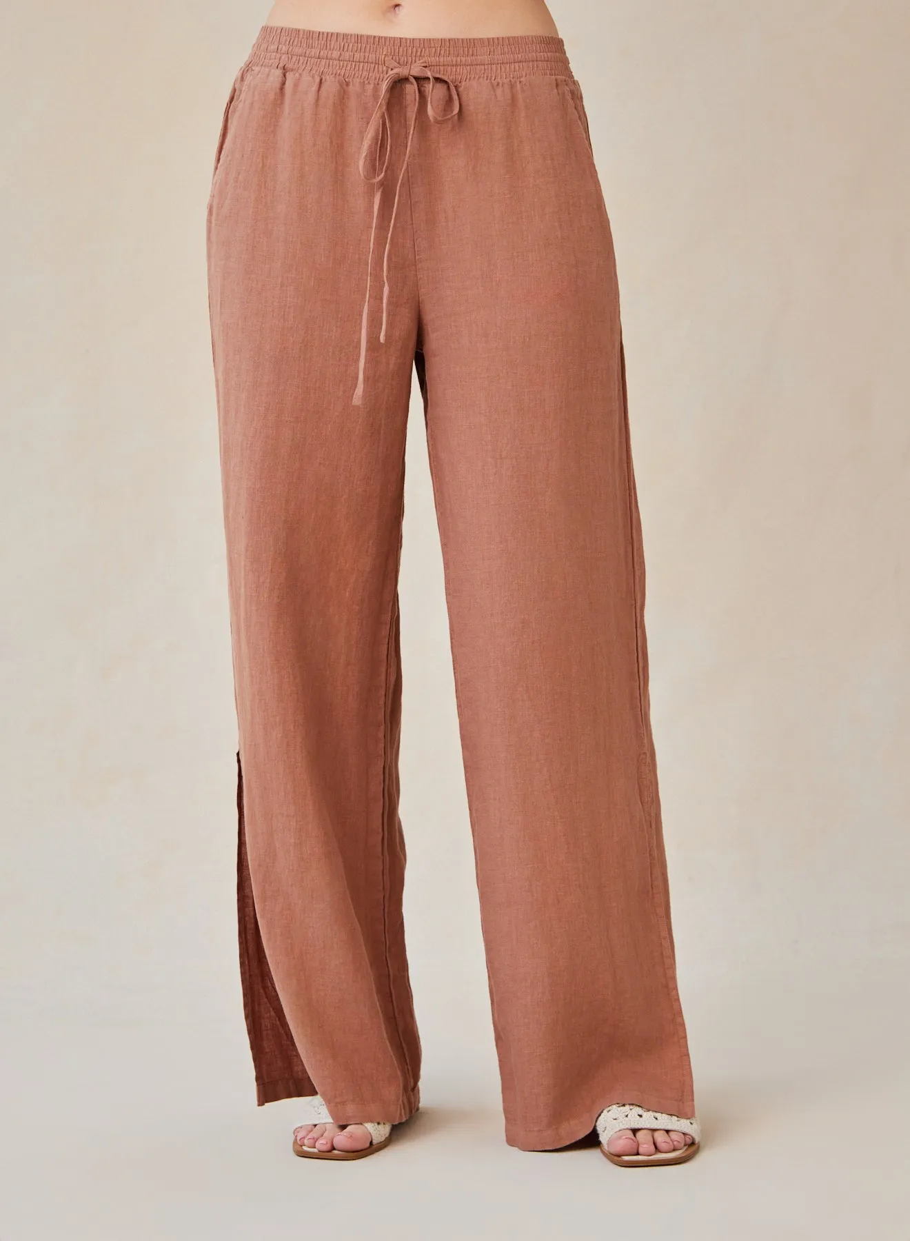 Linen Side Slit Wide Leg Pant - Terracotta Brown