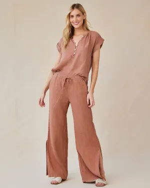 Linen Side Slit Wide Leg Pant - Terracotta Brown
